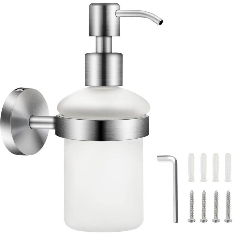 Wandseifenspender Aus Mattem Glas, 200 Ml – Edelstahl – Wandbefestigung Für Duschgel Und Flüssigseife – Transparente Flasche