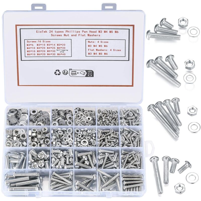 1080-teiliges Set Mit Zylinderschrauben Und Muttern, Phillips, M3/m4/m5/m6 Senkkopfschrauben, Bolzen, Flache Sicherungsscheiben, Sortimentskasten Für Befestigungszubehör