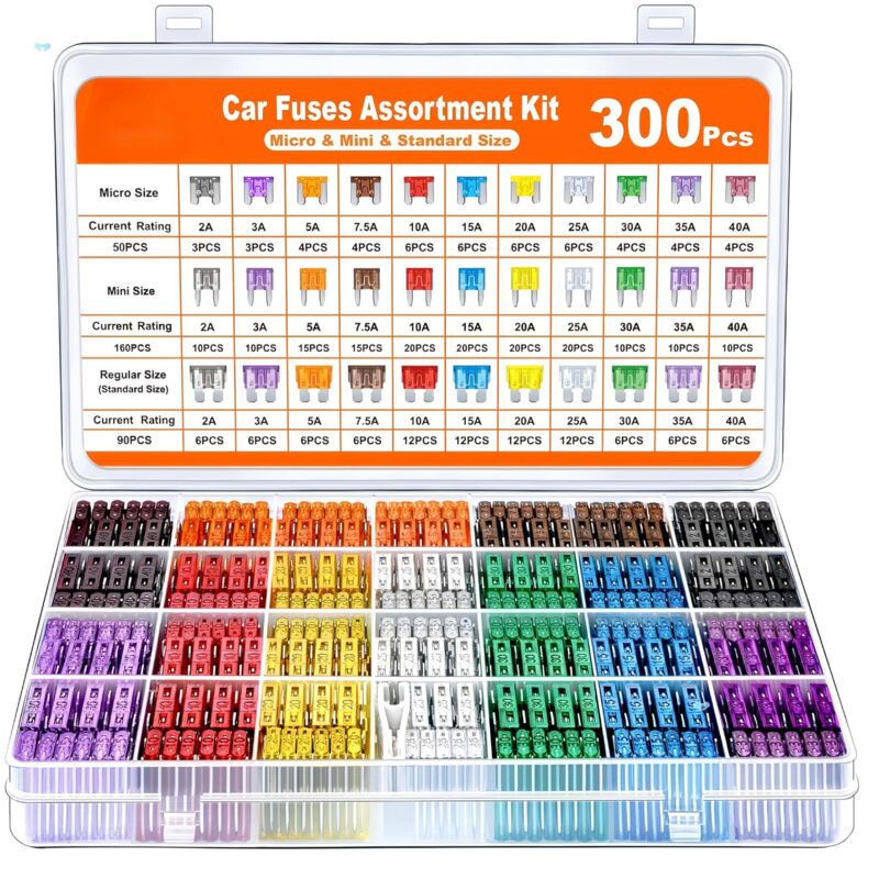300-teiliges Kfz-sicherungssortiment, 160 Mini-autosicherungen + 90 Standard-autosicherungen + 50 Micro-sicherungen + Auszieher – Für Auto/wohnmobil/lkw/motorrad (2a 3a 5a 7,5a 10a 15a 20a 25a 30a 35a