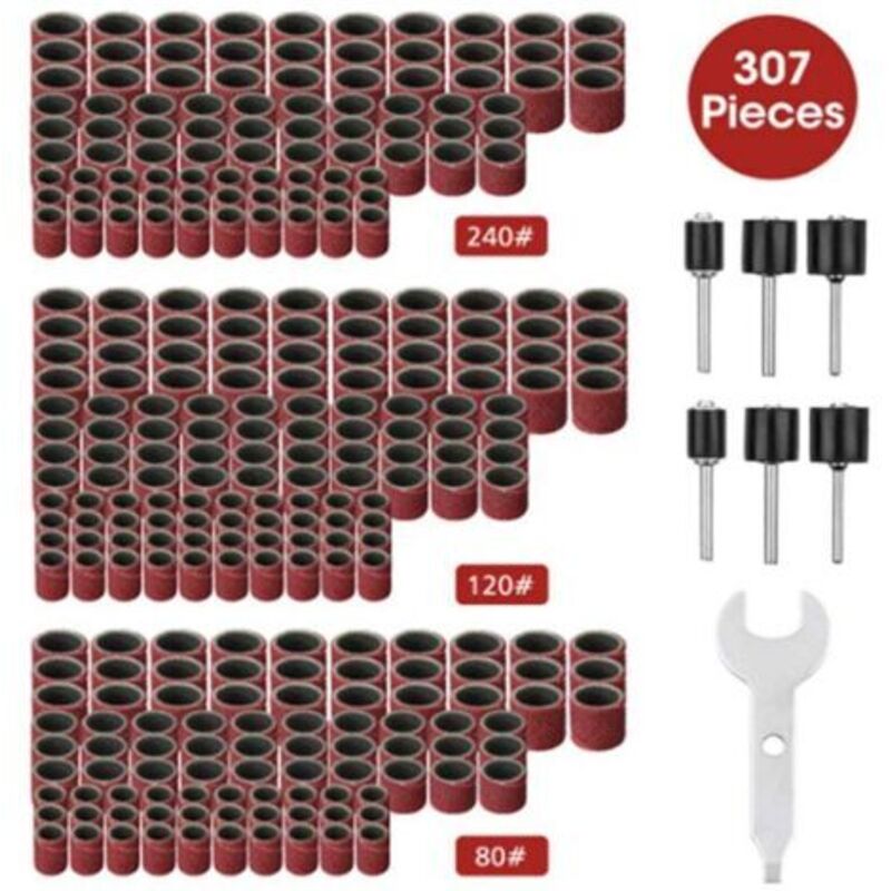 307-teiliges Schleiftrommel-set – 300 Schleifbandhülsen (80/120/240) + 6 Trommelaufnahmen Für Drehwerkzeug + 1 Kombischlüssel