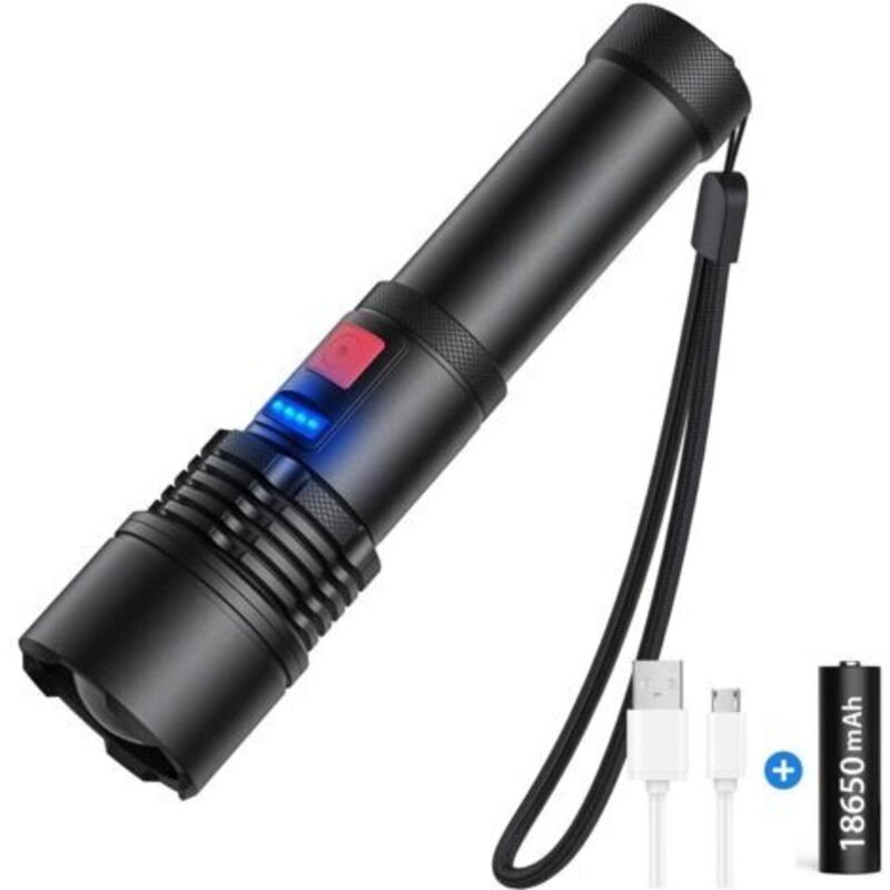 Wiederaufladbare Taschenlampe, 3000 Lumen Ultra-starke Led-taschenlampe, Zoombare Taschenlampe Mit 500m Reichweite, Ip65 Wasserdicht, 5 Modi Für Camping, Wandern Und Notfälle (mit 5000mah Akku)