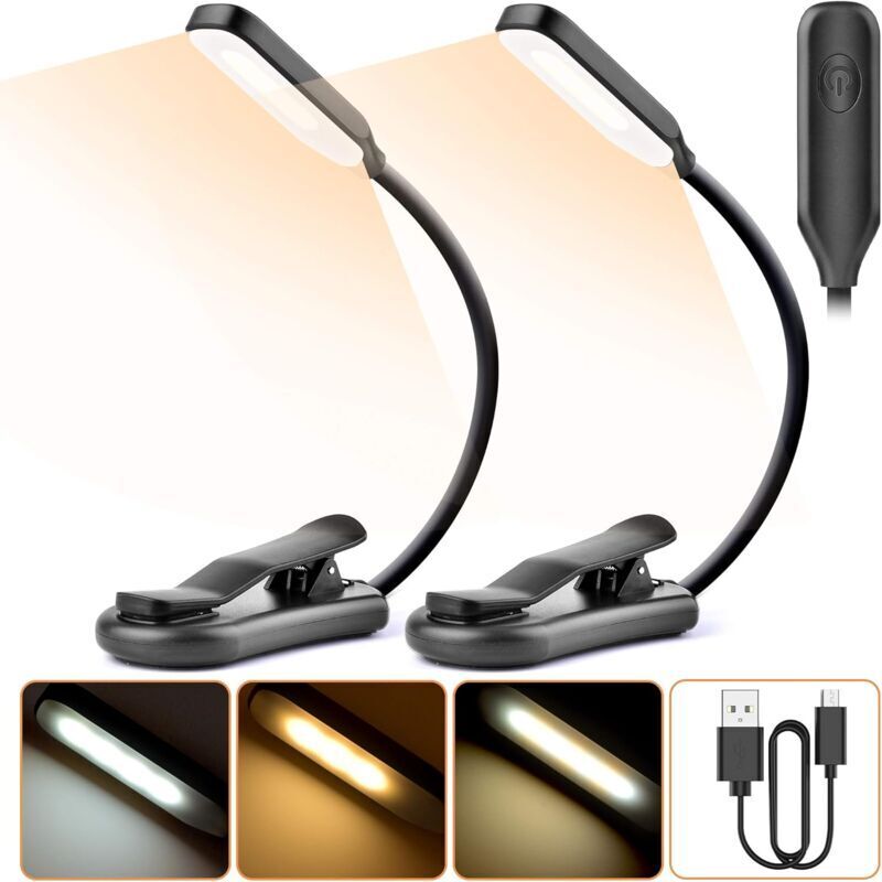 2er-pack Leselampen, 7 Led-leselampen (kaltweiß Und Warmgelb), 3 Helligkeitsstufen, Flexibler 360°-hals, Klemmleuchte Zum Anbringen Am Bett Für Kindle Und E-reader, Nachtlesekabel