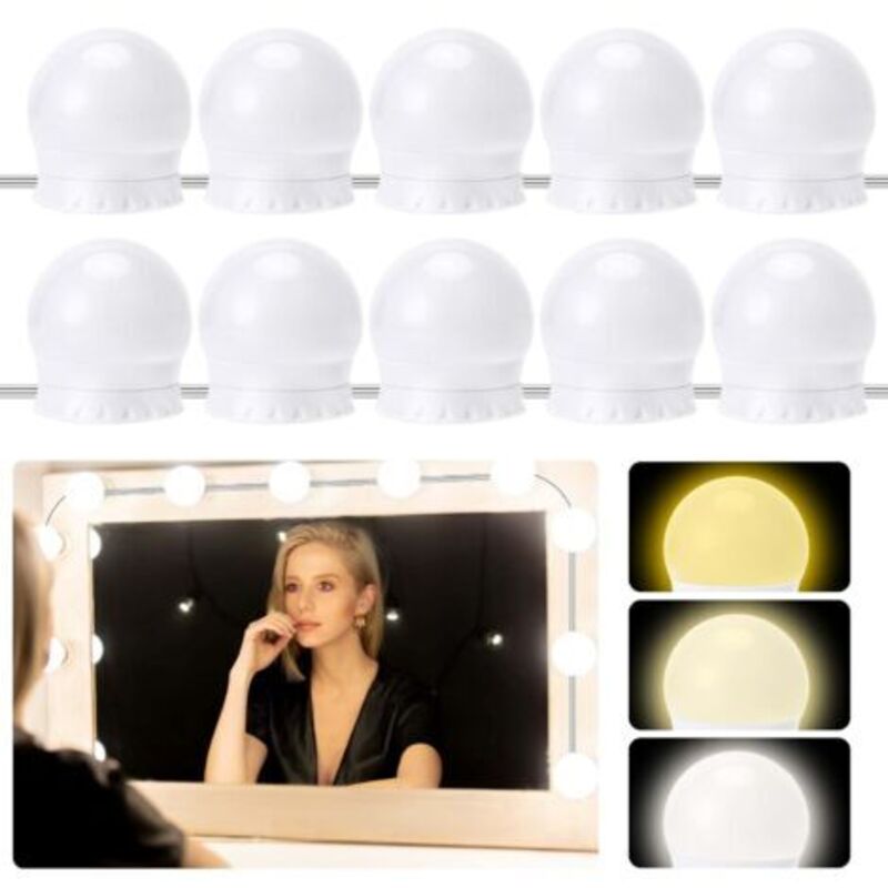Lumière De Miroir, 10 Hollywood Led-glühbirnen-set, Dimmbar, Frisierlampen Mit 3 Einstellbaren Farben, Make-up-lampe, Geeignet Für Schminkspiegel Und Badezimmerspiegel [energieklasse
