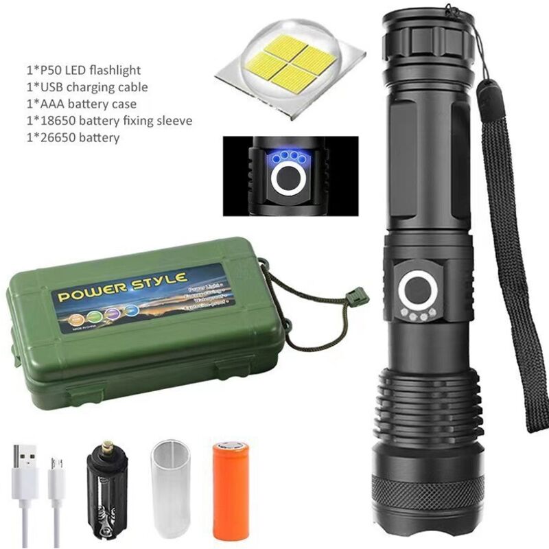 Taschenlampe, Usb-aufladbare Led-taschenlampe Mit 1000 Lumen Xhp50, 5 Modi, Ip65 Wasserdicht, Militärischer Zoom Für Camping Und Wandern (inklusive Aufladbarer 18650-batterie)