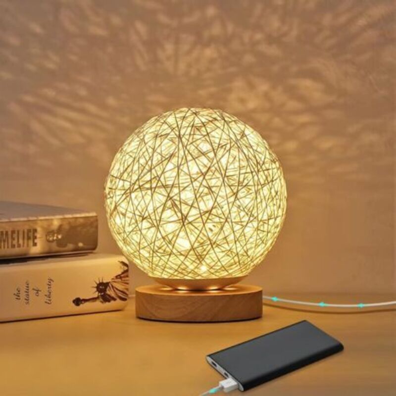 Nachttischlampe Aus Rattan, Holztischlampe Mit Handgewebtem Lampenschirm, Usb-aufladbar, Stimmungslicht Aus Rattan Und Holz Für Schlafzimmer Und Wohnzimmer, Weiß