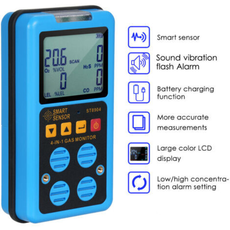 Smart Sensor 4-in-1-gasmonitor, Tragbarer, Wiederaufladbarer Detektor Für H₂s, O₂, Co Und Lel, Multifunktionales Schnüffelgerät Mit Lcd-bildschirm, Alarmmodus Mit Blitz-, Vibrations- Und Tonsignal