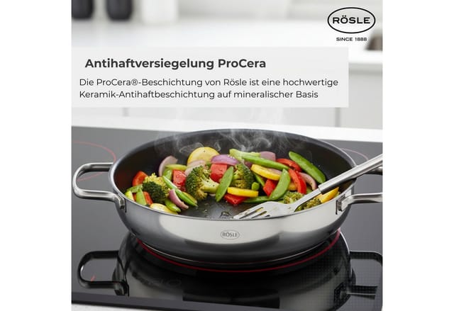 RÖSLE Servierpfanne ELEGANCE ProCera, Edelstahl 18/10 (1-tlg), natürliche Quarzversiegelung ohne PTFE/PFAS, Induktion