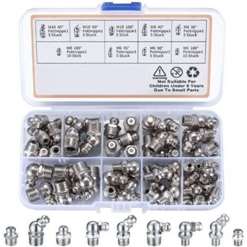 60 Stück Schmierfett-nippel Zum Einschrauben, Sortiment M6 M8 M10, Gerade 45° 90° 180°, Mit Kunststoffbox, Für Mechanische Geräte, Schmierfitting-befestigungen