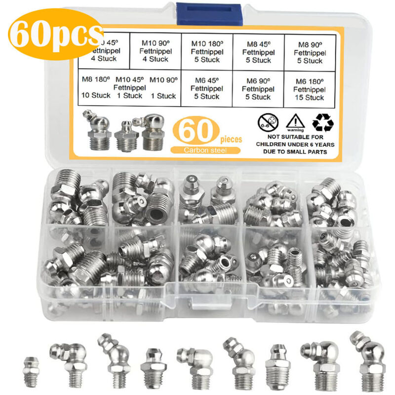 60 Stück Schmierfett-nippel Zum Einschrauben, Sortiment Schmierfett-nippel M6 M8 M10, Gerade Schmierfett-kupplung 45° 90° 180°, Mit Kunststoffbox, Für Mechanische Ausrüstung, Schmierfett-anschluss Bef