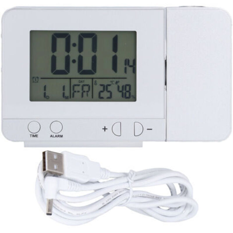 Projektor-wecker, Digitaler Radiowecker Mit 180° Drehbarem Deckenprojektor, Wetterstation, Kabelloses Thermometer, Doppelte Schlummerfunktion, Usb-telefonladegerät, 4 Lichtmodi