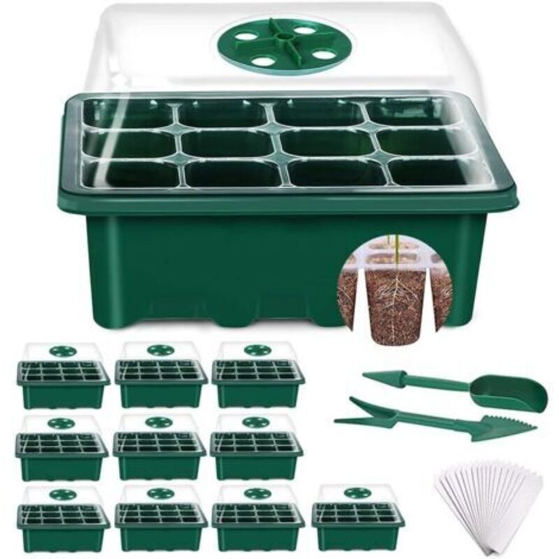 Mini-gewächshaus Für Setzlinge, 10 Stück – 120 Zellen (3,7 X 3,7 X 5,5 Cm) – Langlebiges Pvc, 0,8 Mm – Mit Verstellbaren Deckeln Und Drainagelöchern
