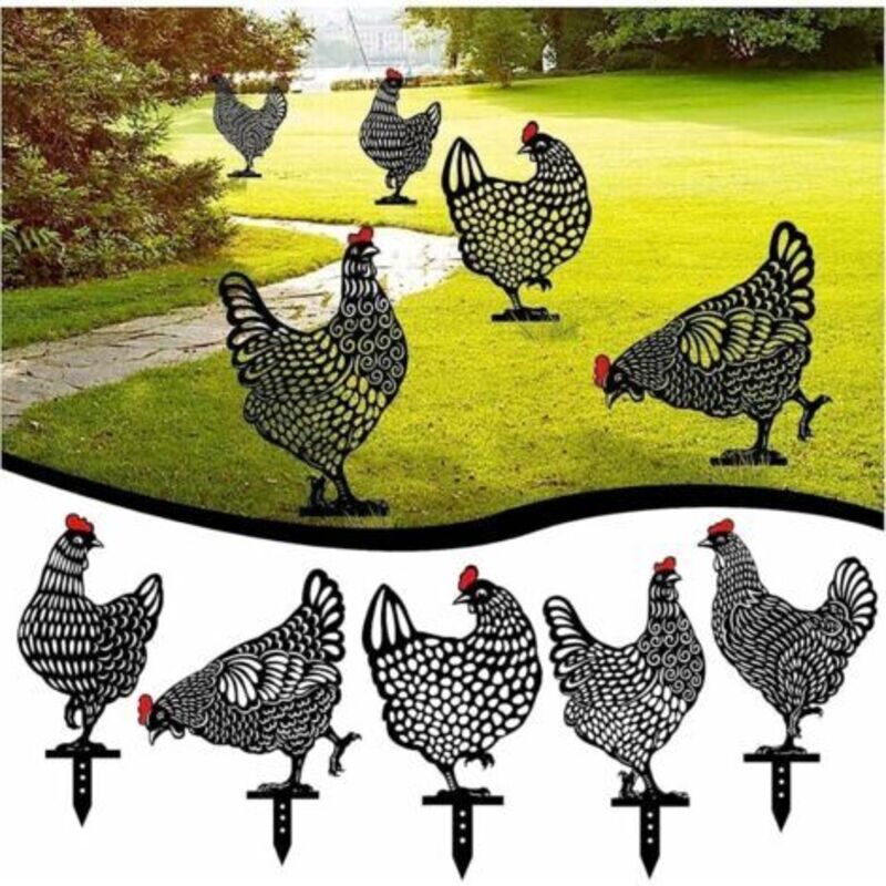 5er Set Gartenhuhn, Rasen-dekoration Für Den Garten, Künstlerische Hofdekoration Mit Huhn, Metallene Gartenstecker In Tier-silhouette, Hohle Hahn-statue Als Hofdeko