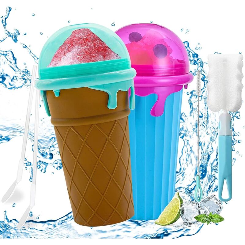 Slushy Cup Set, 2 Stück, Slush-eismacher, Hausgemachter Smoothie-becher, Smoothie-eiswürfelbecher, Gefriergetränkebecher, Mit 2-in-1 Strohhalm Und Löffel Sowie Reinigungsbürste, Diy Hausgemachte Smoot