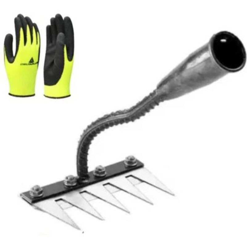 5 Zacken Unkraut-jattharke Aus Kohlenstoffstahl Mit Polyester-handschuhen, Robuste Metall-gartenharke, Eisenharke Zur Unkrautentfernung Im Garten, Gartenharke, Beschichtete Handschuhe