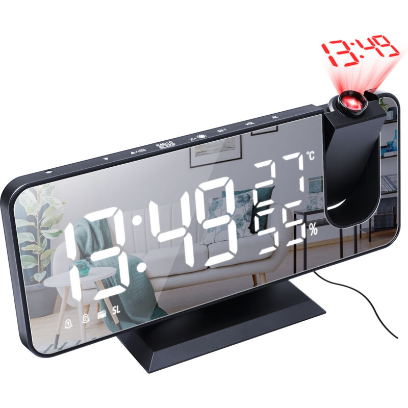 Leuchtender Projektor-wecker Mit Digitaluhr, Doppelalarm Und Led-spiegeldisplay, 7 Tasten, Mit Schlummerfunktion, 4 Helligkeitsstufen, 12/24h-format, Für Zuhause Und Büro