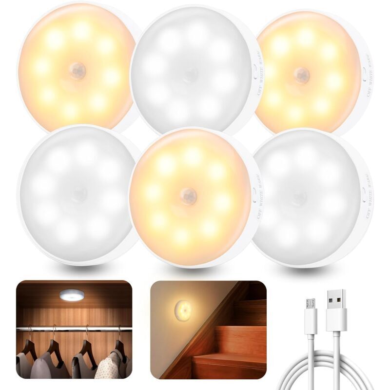 6 Stück Bewegungsmelder-lampen Für Den Innenbereich, Wiederaufladbare Led-nachtlichter Mit 3 Modi, Kabellose Led-beleuchtung Für Treppen, Flure, Schlafzimmer, Schränke Und Küche
