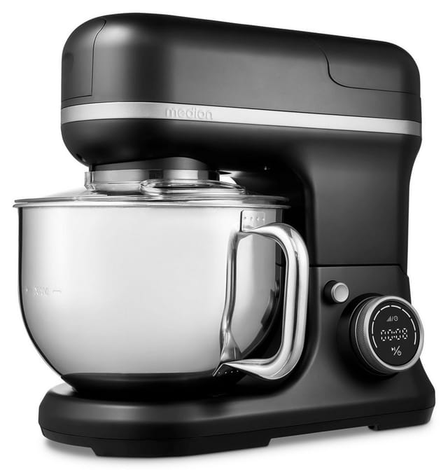 Medion® Küchenmaschine MD 18442 8 Geschwindigkeitsstufen, schwarz, 1200 W, 5 l Schüssel, Umfangreiches Zubehör-Set inkl. Eisschüssel für Speiseeiszubereitung