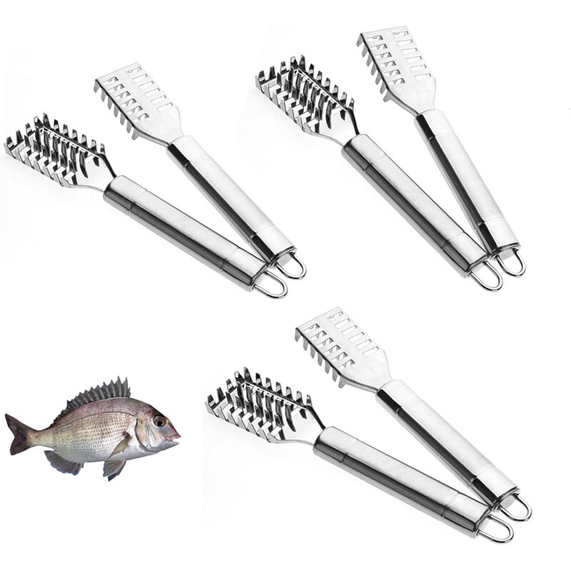 Set Aus 6 Fischschuppenentfernern Aus Edelstahl Mit Rutschfestem Griff Und Trapezförmigen Sägezähnen Für Eine Schnelle Reinigung.