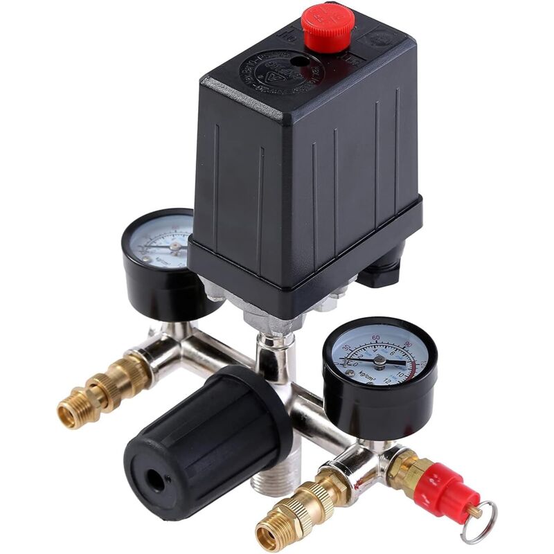 Druckschalter Für Luftkompressor G1/4" Mit Doppelanschluss Und Druckregler Mit Sicherheitsventil.