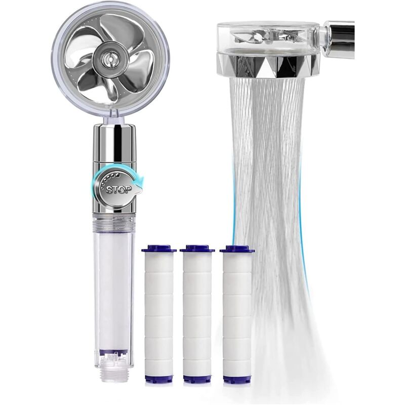 Handbrause, Kalksparender Duschkopf Mit Wassersparfunktion, Drehbarer Hochdruck-duschkopf Mit 360°-rotationspropeller, Dreistufiges Filtersystem Mit 3 Austauschbaren Pp-baumwollscheiben (silber)