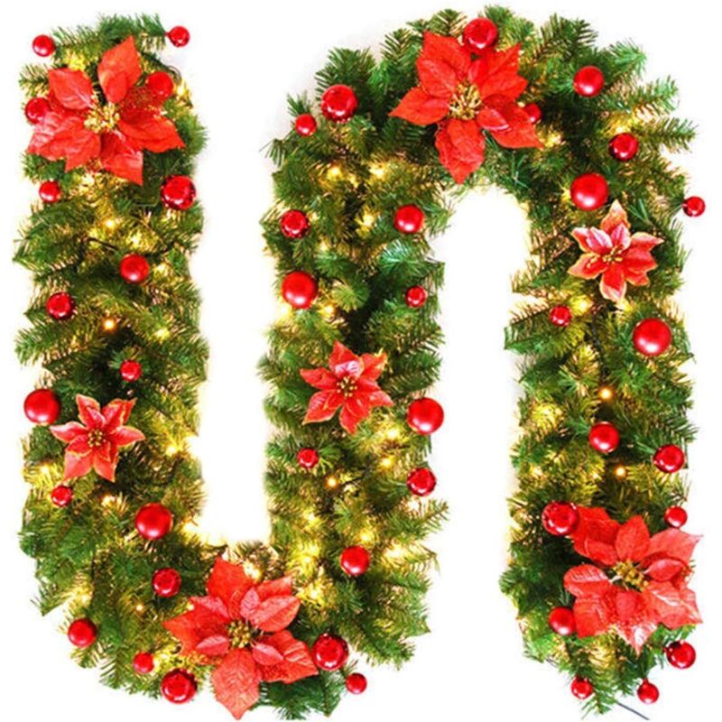 Weihnachtliche Girlandendekoration Mit Lichtern, Künstliche Weihnachtsreben Aus Rattan Mit Blumen Und Kugelornamenten, Dekoration Für Den Innenkamin Und