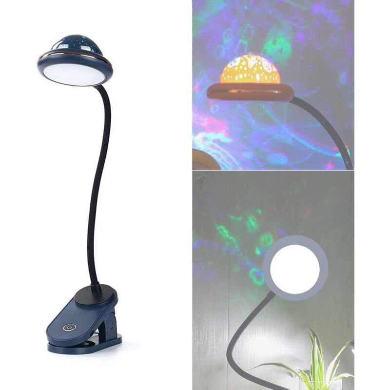 Wiederaufladbare Usb-led-klemmlampe Für Kinder – Sternenprojektion – Silikon-schwanenhals – 360° Berührungsintensiv – Blaues Nachtlicht
