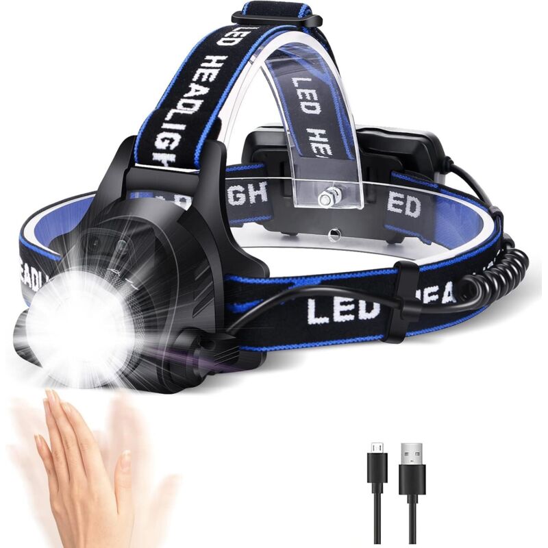 Leistungsstarke Wiederaufladbare Led-kopflampe, Einstellbares Licht Mit 3 Modi, Usb-kabel Und 2 X 18650-akkus Für Angeln, Radfahren, Wandern, Laufen, Camping