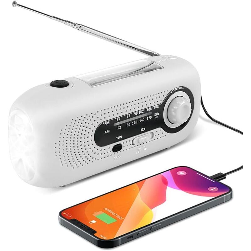 Solarradio, Handbetriebenes Am/fm-notfallradio Mit Kurbel, Selbstversorgend, Mit 5-led-taschenlampe, 2000-mah-notfall-powerbank Für Smartphones, Zuhause Und Camping (weiß)