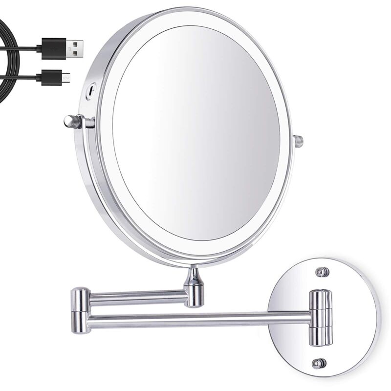 8-zoll Wandmontierter Led-schminkspiegel, Beleuchteter Vergrößerungsspiegel, 1x/7x Vergrößerung, 3 Einstellbare Lichtfarben, Usb-aufladung, 360° Drehbar Und Ausziehbar, Für Bad Und Haushalt.