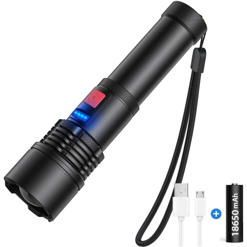 Wiederaufladbare Taschenlampe, Ultra-starke Led-taschenlampe Mit 3000 Lumen, Reichweite Bis Zu 500 M Mit Zoom, Wasserdicht Ip65, 5 Modi Für Camping, Wandern Und Notfälle (mit 5000-mah-akku)