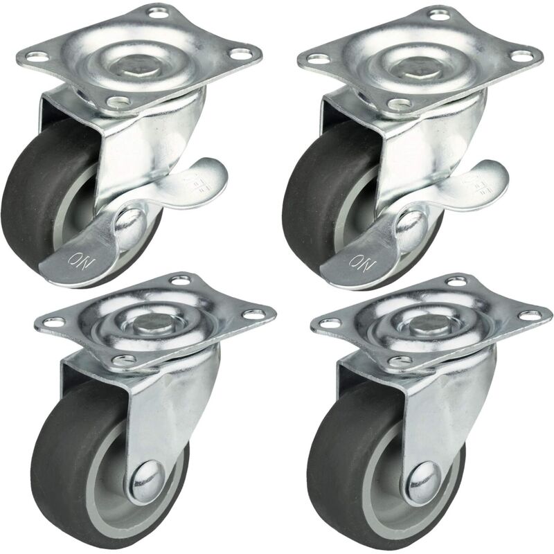 Set Aus 4 Drehbaren Möbelrollen Mit Einer Maximalen Tragfähigkeit Von 25 Kg / Satz Drehbarer Möbelrollen Mit Raddurchmesser Ø 50 Mm, Mit Bremse. Gehäuse Aus Stahl Mit Rollen