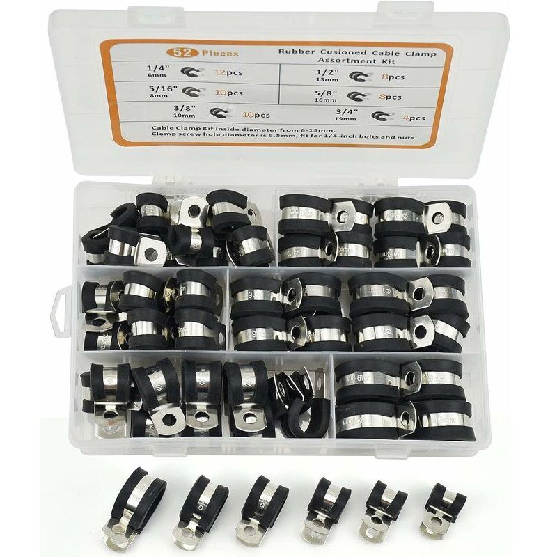 Sortiment Aus Gummischellen, P-clips Mit Gummierung, Rohrschellen Aus Edelstahl, Gepolsterte Schellen In 6 Größen: 1/4", 5/16", 3/8", 1/2", 5/8", 3/4" (52 Stück)