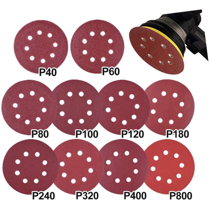 100 Stück Schleifpapier Für Exzenterschleifer 125 Mm Klettverschluss, Runde Schleifscheiben Mit 8 Löchern Und Klettverschluss 125 Mm Für Exzenterschleifer, 20x Körnung 40/60/80/120/180