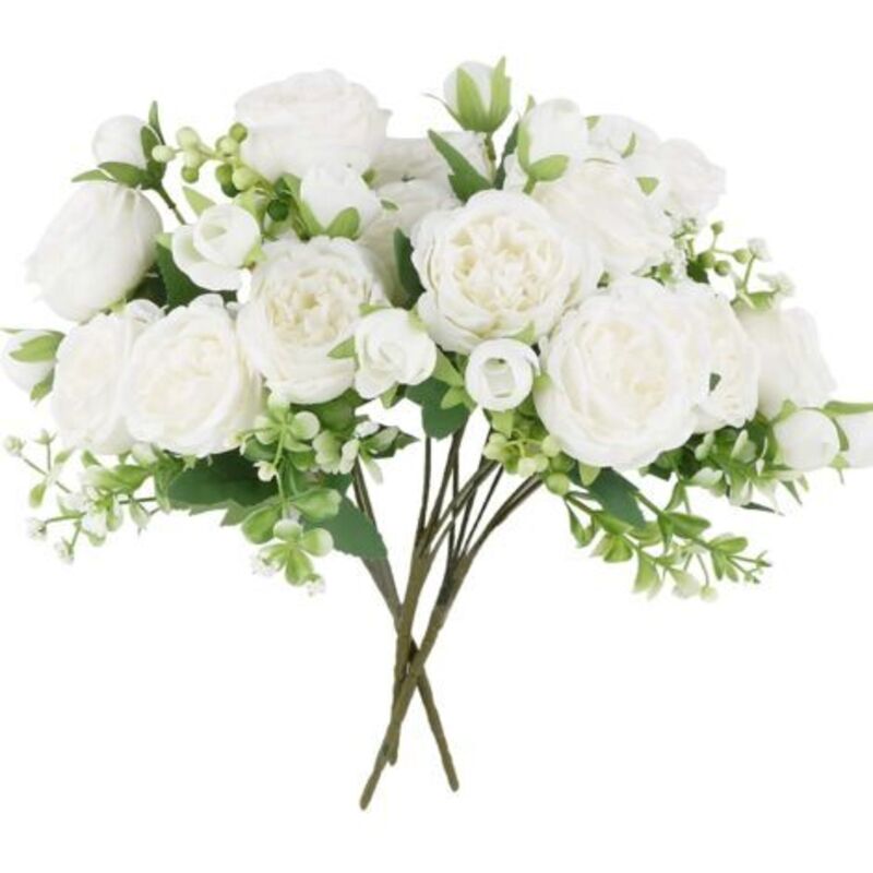 3er Set Künstliche Blumen Pfingstrosen Bouquets, Seidenpfingstrosen Dekoration Für Haus, Hochzeit, Büro, Feier, Schlafzimmer, 15 Pfingstrosenblüten, Weiß