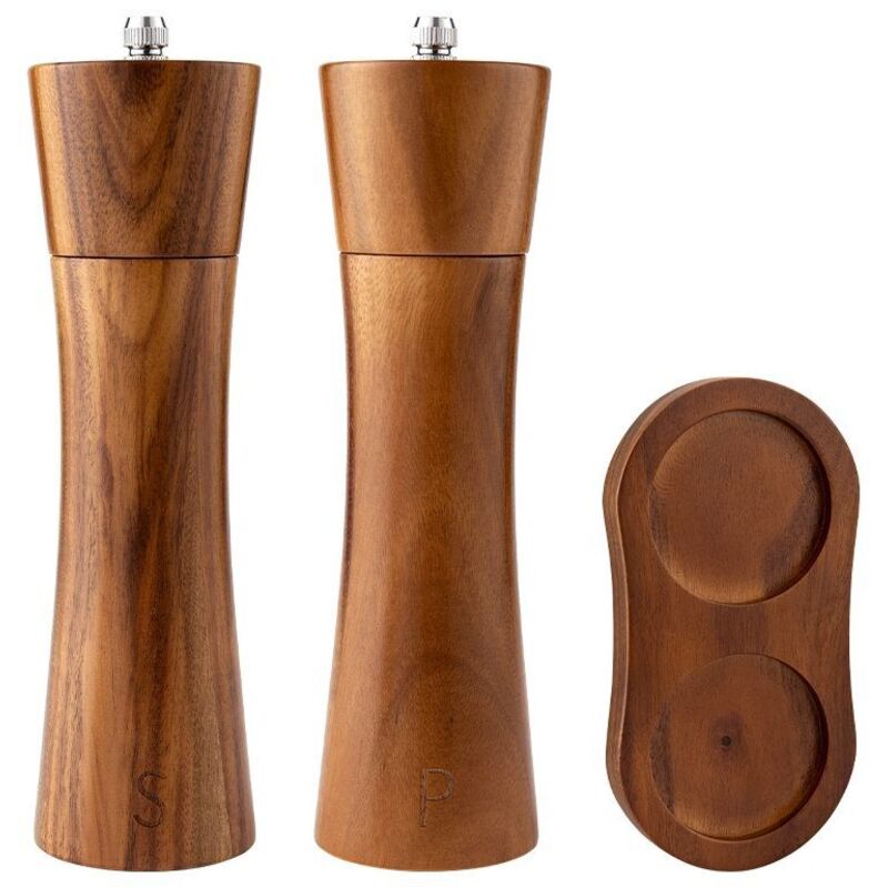 2er-set Salz- Und Pfeffermühlen – Holz – Einstellbares Mahlwerk – Mit Ständer – Naturholzfarbe