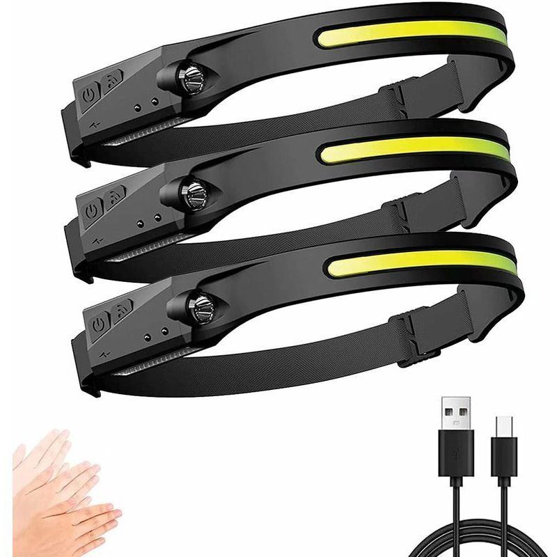 Stirnlampe, Leistungsstarke Led-stirnlampe Mit Usb-aufladung, 350 Lm, 3 Lichtmodi, Manuelle Induktion, Wasserdicht Und Leicht Für Angeln, Camping, Lesen, Wandern, Radfahren (3 Stück)