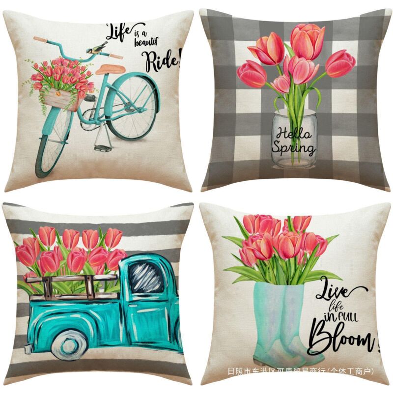 4er-set Wasserdichte Outdoor-kissenbezüge Aus Modernem Leinen, Robuste Kissenhüllen Mit Frühlings-pflanzen- Und Blumenmuster, Quadratisch 45x45 Cm, Kissenbezug Für Sofa, Haus, Wohnzimmer, Schlafzimmer