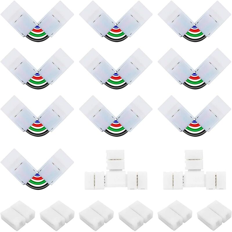 Steckverbinder-set Für 10 Mm Breite, 4-polige Led-streifen 5050. Enthält 6 Lückenlose 10-mm-steckverbinder, 10 Einstellbare L-förmige Eckverbinder Mit 4 Polen Und 2 T-verbinder Für Smd-streifen.