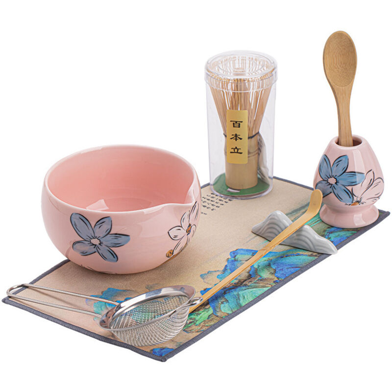 8-teiliges Matcha-set, Bestehend Aus Einer Keramikschale, Einem Bambusbesen, Einem Sieb, Einem Löffel Und Einem Ständer, Elegantes Rosafarbenes Design.