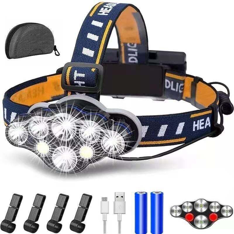 Wiederaufladbare Led-stirnlampe, Extrem Leistungsstarke 8-led-lampe Mit 18000 Lumen, Wasserdichte Und Leichte Taschenlampe Für Die Stirn, Perfekt Zum Camping, Angeln, Für Keller, Joggen Und Wandern