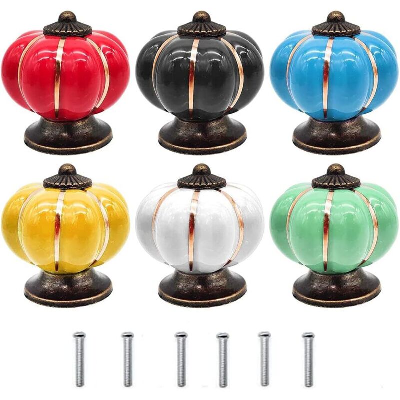 Keramikknauf, 6 Stück Bunte Keramikköpfe, Retro-keramikknauf, Kürbisförmiger Knopf Mit Schraube, Für Küchenschrank, 6 Farben