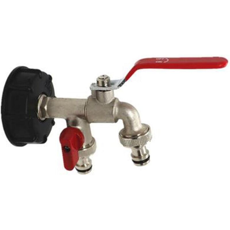 Ibc-tankadapter Mit Doppeltem Messinghahn S60x6, Anschluss Für 1000-liter-regenwassertank, Ibc-fassventil Mit 2 Schlauchenden, Durchmesser 15 Mm