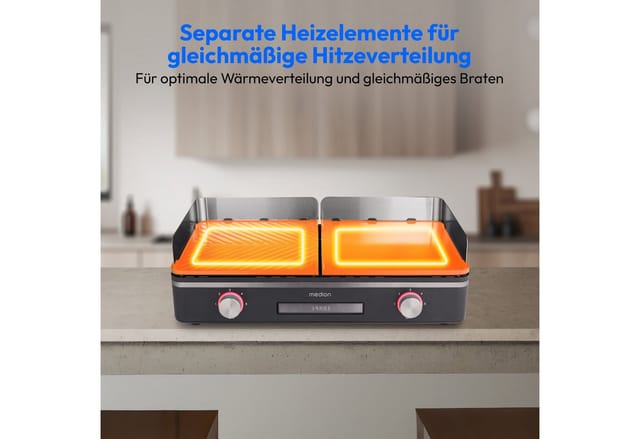 Medion® Tischgrill MD12027, mit Dual-Zonen-System, 2,400 Watt, 2 abnehmbare Platten, 2400 W, bis max. 240 °C, PFAS Frei, LED-Statusanzeige, IPX4-Schutz