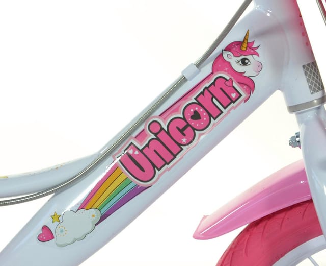 Dino Bikes Kinderfahrrad 16" Unicorn Einhorn Kinderfahrrad Mädchenfahrrad Freilauf 4–7 Jahre, 1 Gang, mit Stützrädern, Korb und Puppensitz