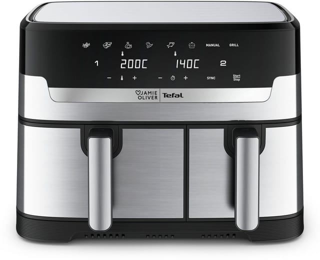 Tefal Heißluftfritteuse Jamie Oliver by Tefal Dual Easy Fry & Grill, 2 unabhängige Garzonen, 2700 W, Heissluftfritteuse Doppelkammer, 8 automatische Programme, EY90JDE