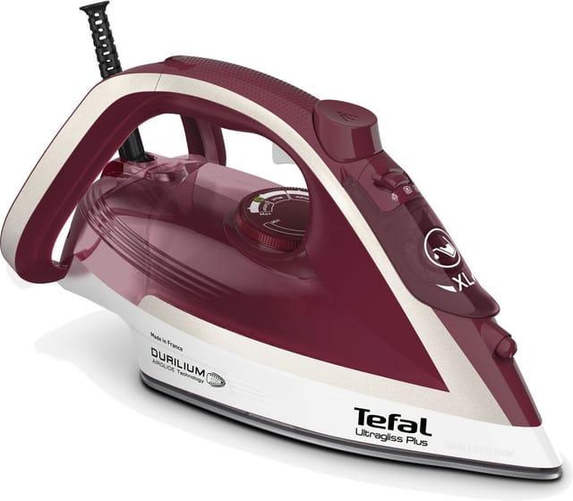 Tefal Dampfbügeleisen Ultragliss Plus, 2800 Watt, Dampfstoß: 250 g/Min., kurze Aufheizzeit, 2800 W, Eco Mode, kratzfeste Bügelsohle, dunkelrot/silber, FV6810