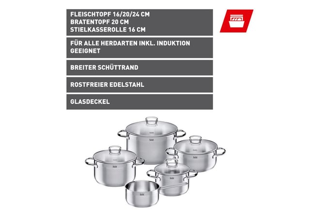 Silit Topf-Set Toskana, teilmattiert, Induktions Töpfe Set unbeschichtet, Edelstahl 18/10 (Set, 9-tlg., Bratentopf Ø 20 cm, Fleischtopf Ø 16/20/24 cm, Stielkasserolle Ø 16 cm), mit Glasdeckel, für alle Herdarten geeignet, ohne Innenskalierung