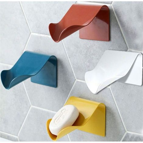 Sabir Seifenschale Für Küche, Bad Und Dusche, Seifenbox, Seifenhalter, Selbstentleerender, Wandmontierter Seifenhalter Aus Kunststoff (weiß + Blau + Gelb + Rot, 4 Stück)