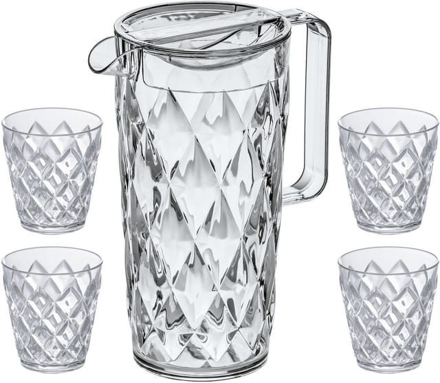 KOZIOL Kanne CRYSTAL, 1,6 l, (Set, 5-St), spülmaschinenegeeignet, 100% recycelbar, 1 Kanne 1,6L+ 4 Becher 250ml