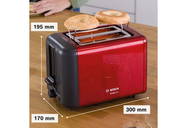 BOSCH Toaster DesignLine TAT3P424DE, Integrierter Edelstahl-Brötchenaufsatz, 2 kurze Schlitze, 820 W, Abschaltautomatik, Auftaufunktion, Liftfunktion, Breit, rot